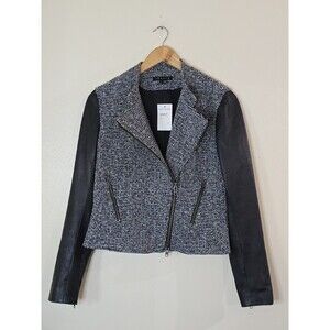 THEORY Kinde C Tweed Lambskin Leather Moto Jacket Peplum Navy  Black SIZE 8 New